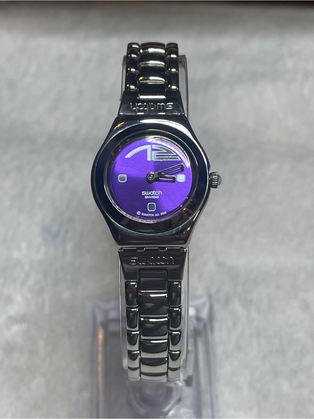 Swatch Silver Bracelet Watch with Purple Dial